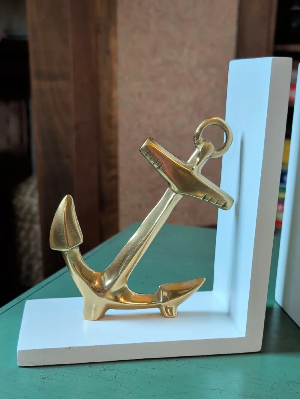 Nautical Brass Anchor Bookends On White Stands